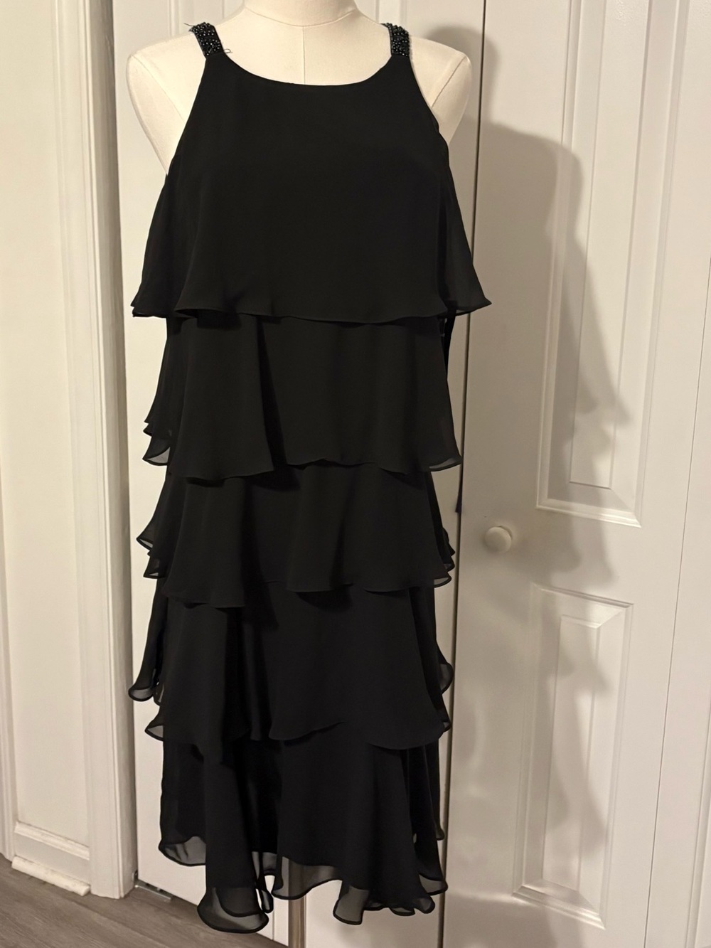 SL FASHIONS Black Tiered Beaded Strap Midi Dress